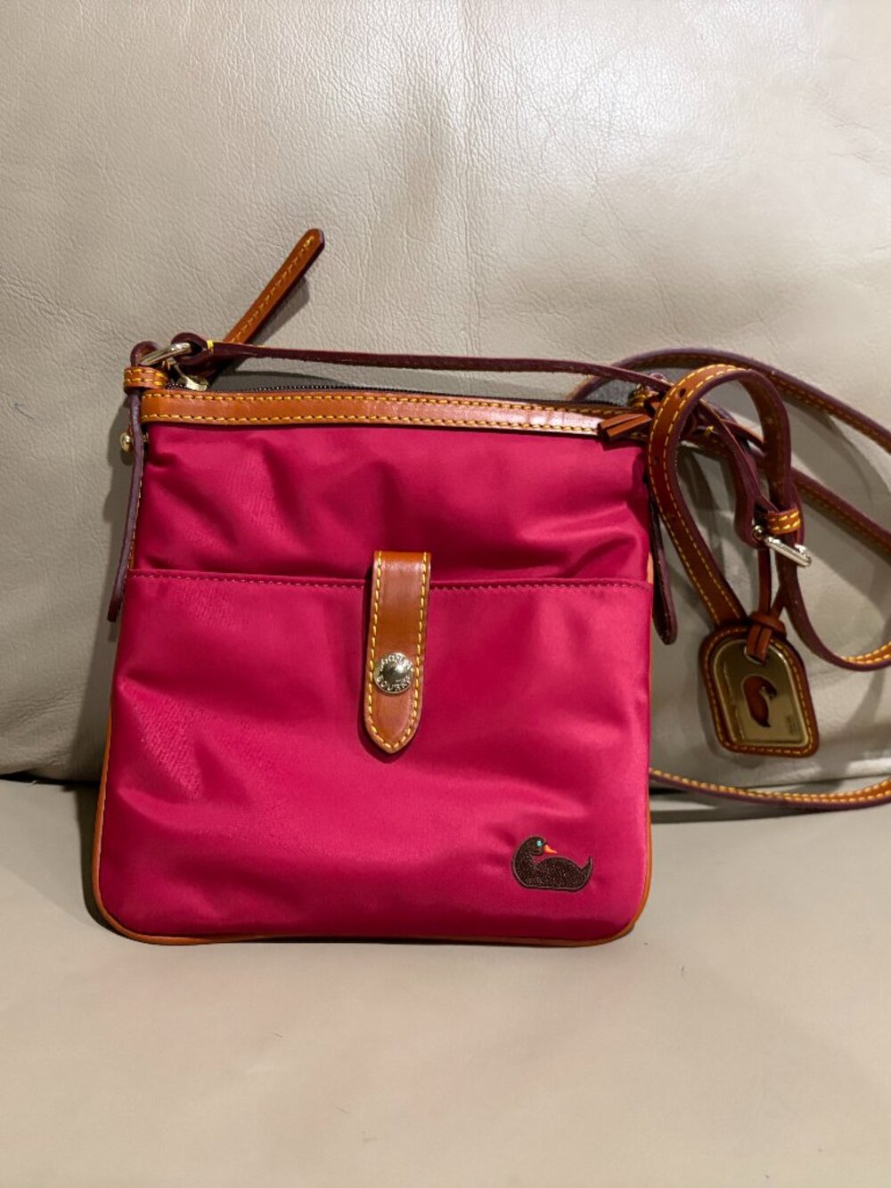 "Dooney & Bourke" Pink Nylon Letter Carrier Crossbody Bag (PREOWNED)